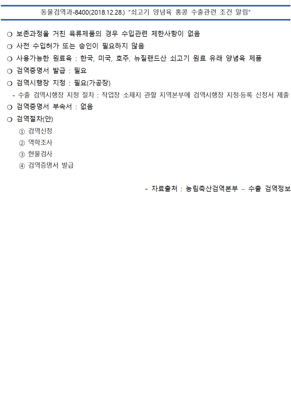 홍콩 쇠고기 가공육 양념 불고기 등 검역정보001